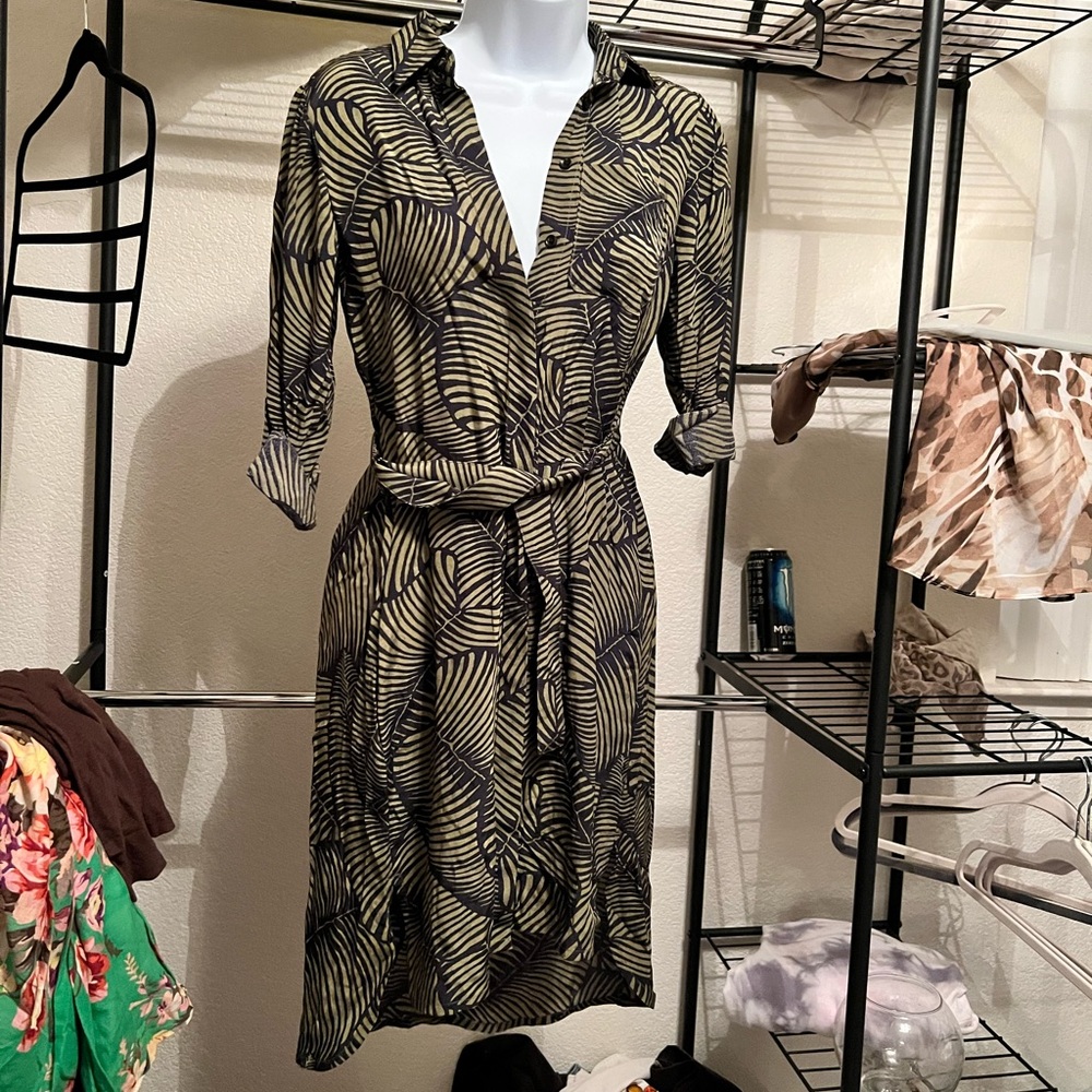 Ann Taylor Belted Palm Print Shirtdress Dress